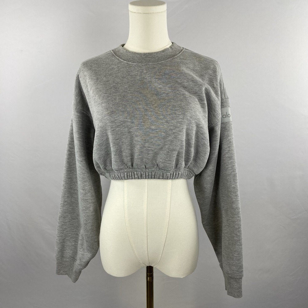 Alo Yoga Cropped Sweatshirt Womens S Gray Elastic Hem Athleisure Streetwear